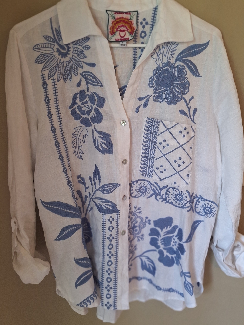 Johnny Was Lyra White Linen Shirt with Blue Floral Embroidery S - Picture 12 of 16